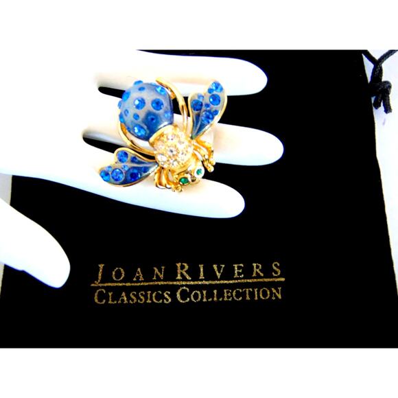VTG Joan Rivers Blue Crystal COSMIC BEE PIN Brooch Enameled Gold Green Eyes - Picture 1 of 5